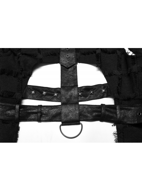 Personality Asymmetrical Decadence Hairy Flu Back Cutout Design Leather Strip Metal Rivets Gothic Male Vest