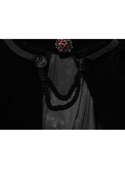 Mysterious Dark Short Pile Jacquard Fabric Adjustable Wire Collar Bat-Shaped Hem Imitation Ruby Necklace Gothic Cloak