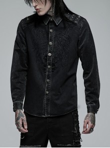Punk Cotton No Elasticity Personality Skull Skeleton Embroidery Shoulder Rivet Decoration Long Sleeve Male Shirt