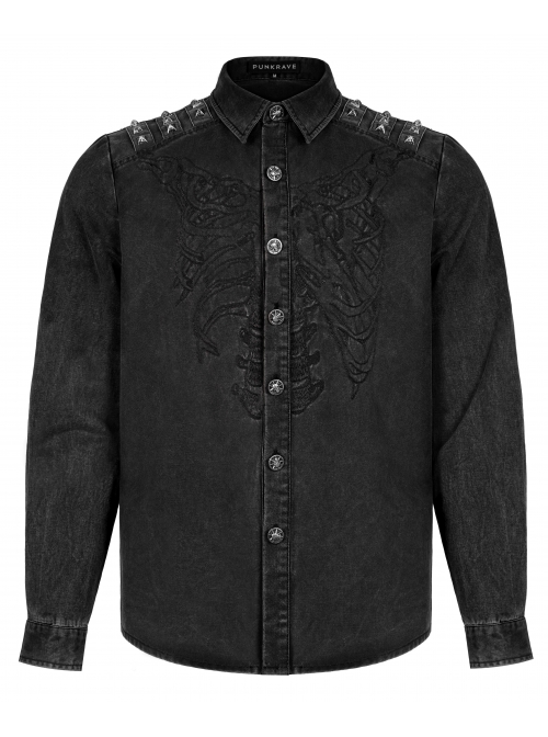 Punk Cotton No Elasticity Personality Skull Skeleton Embroidery Shoulder Rivet Decoration Long Sleeve Male Shirt
