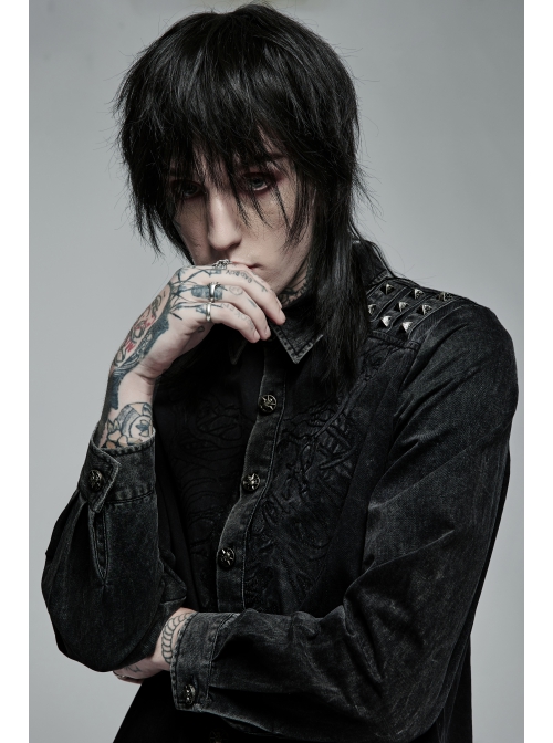 Punk Cotton No Elasticity Personality Skull Skeleton Embroidery Shoulder Rivet Decoration Long Sleeve Male Shirt