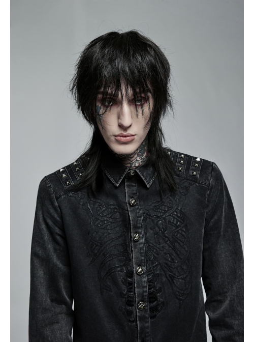 Punk Cotton No Elasticity Personality Skull Skeleton Embroidery Shoulder Rivet Decoration Long Sleeve Male Shirt
