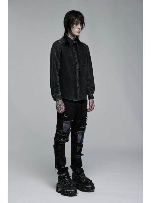 Punk Cotton No Elasticity Personality Skull Skeleton Embroidery Shoulder Rivet Decoration Long Sleeve Male Shirt