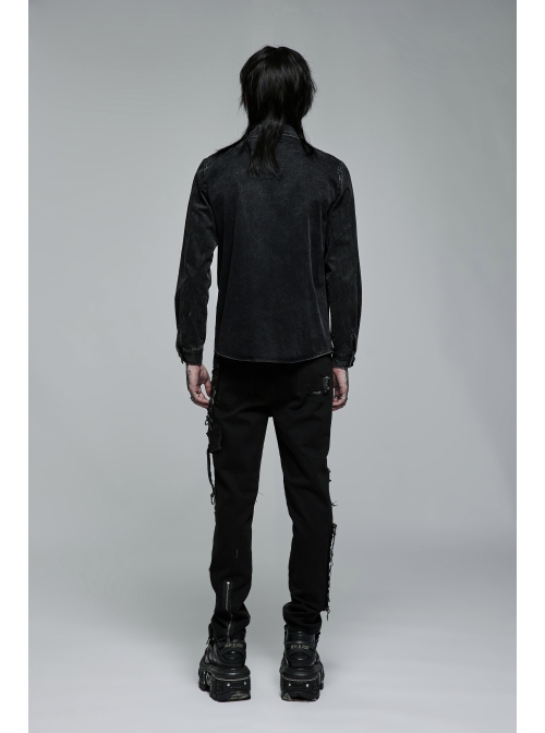Punk Cotton No Elasticity Personality Skull Skeleton Embroidery Shoulder Rivet Decoration Long Sleeve Male Shirt