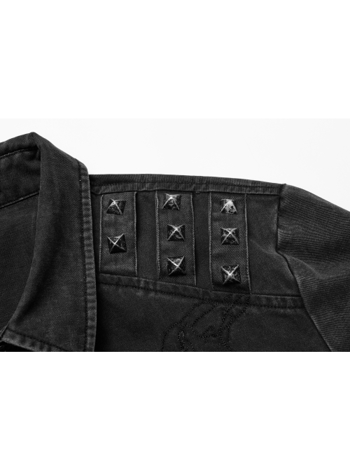 Punk Cotton No Elasticity Personality Skull Skeleton Embroidery Shoulder Rivet Decoration Long Sleeve Male Shirt