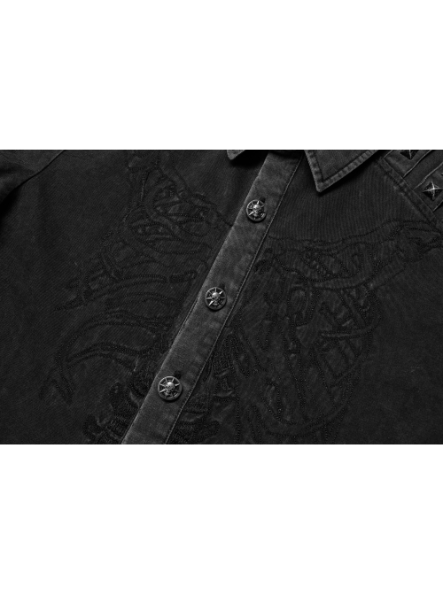 Punk Cotton No Elasticity Personality Skull Skeleton Embroidery Shoulder Rivet Decoration Long Sleeve Male Shirt