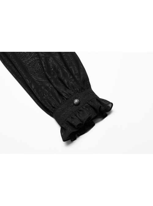 Soft And Comfortable Chiffon Fabric Delicate Decals Neckline Pleats Ruffle Trim Gothic Black Male Shirt