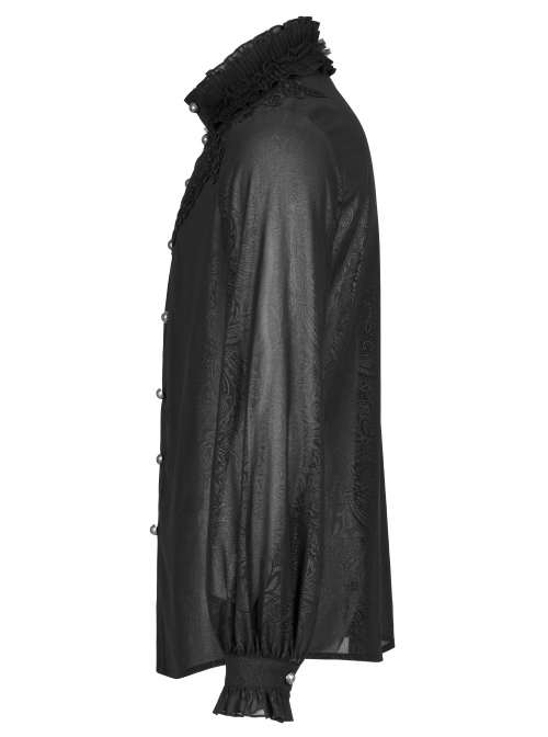 Soft And Comfortable Chiffon Fabric Delicate Decals Neckline Pleats Ruffle Trim Gothic Black Male Shirt