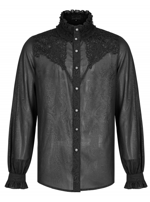 Soft And Comfortable Chiffon Fabric Delicate Decals Neckline Pleats Ruffle Trim Gothic Black Male Shirt