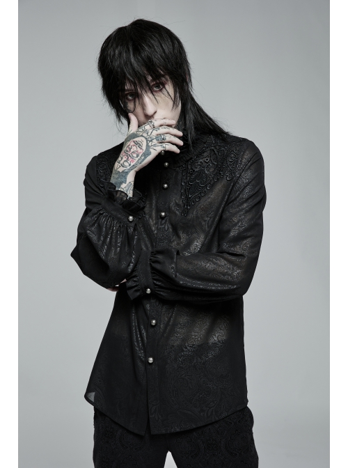 Soft And Comfortable Chiffon Fabric Delicate Decals Neckline Pleats Ruffle Trim Gothic Black Male Shirt