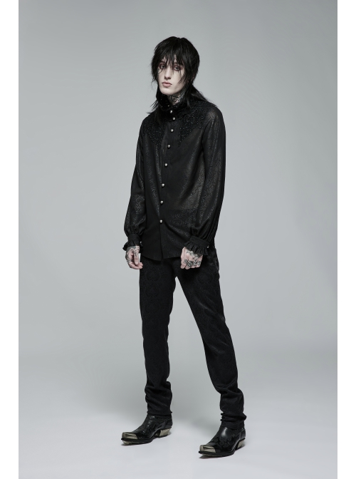 Soft And Comfortable Chiffon Fabric Delicate Decals Neckline Pleats Ruffle Trim Gothic Black Male Shirt