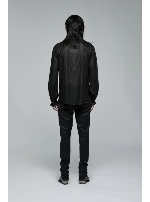 Soft And Comfortable Chiffon Fabric Delicate Decals Neckline Pleats Ruffle Trim Gothic Black Male Shirt