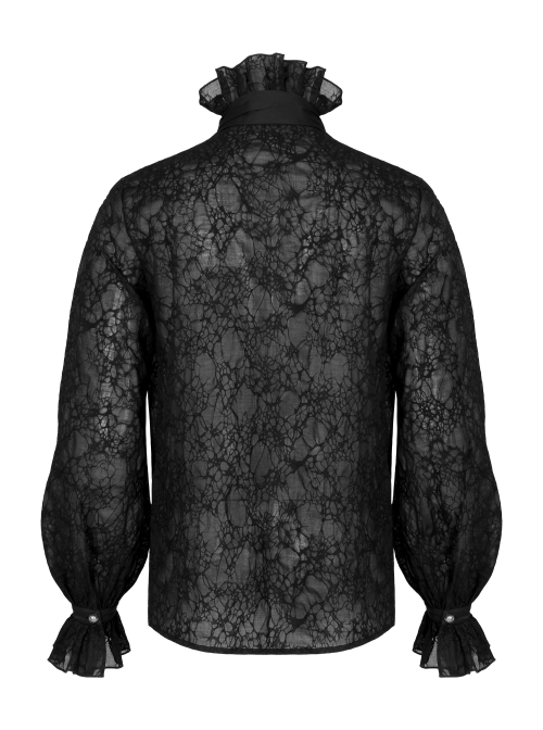 Gothic Abstract Dark Mesh Texture Fabric Lace Pleated Ruffle Tie Design Long Sleeve Shirt