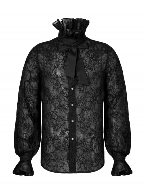 Gothic Abstract Dark Mesh Texture Fabric Lace Pleated Ruffle Tie Design Long Sleeve Shirt