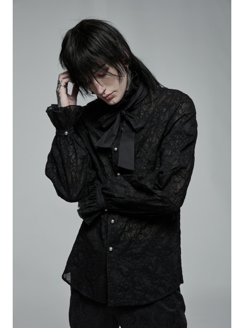 Gothic Abstract Dark Mesh Texture Fabric Lace Pleated Ruffle Tie Design Long Sleeve Shirt