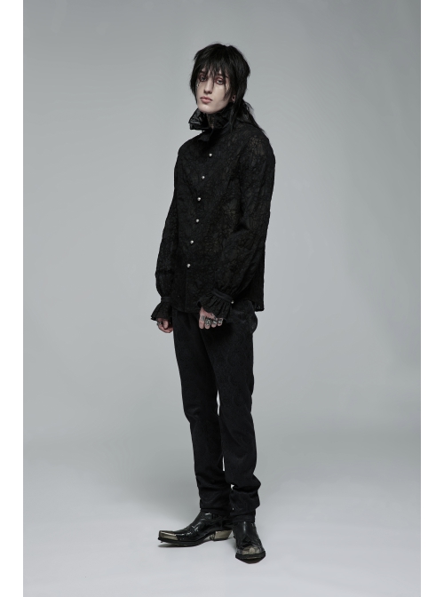Gothic Abstract Dark Mesh Texture Fabric Lace Pleated Ruffle Tie Design Long Sleeve Shirt
