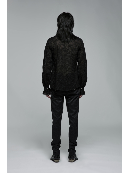 Gothic Abstract Dark Mesh Texture Fabric Lace Pleated Ruffle Tie Design Long Sleeve Shirt