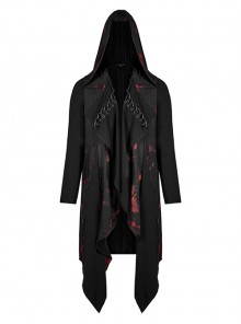 Abstract Personality Red Plaid Print Long Front Hem Design Neckline Cross Tie Hooded Knitting Long Coat