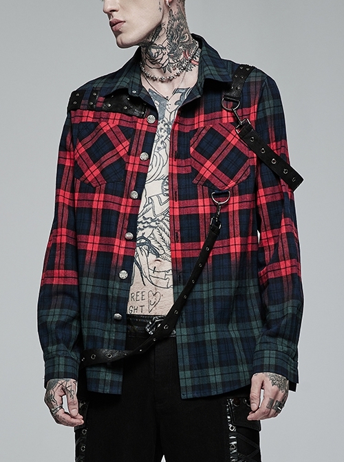Pure Cotton Red And Blue Plaid Simple Personality  Leather Loops No Elasticity Punk Male Shirt