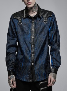 Punk Blue Pressed Pleats Texture Metal Round Rivets Shoulders Simple Personality Male Shirt