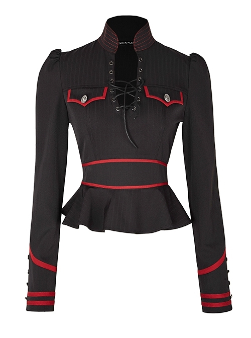 Punk Stand Collar Cross-Tie Neckline Design Hem Pleated Lotus Leaf Sexy Cropped Military Long Sleeve Shirt