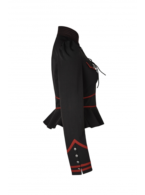 Punk Stand Collar Cross-Tie Neckline Design Hem Pleated Lotus Leaf Sexy Cropped Military Long Sleeve Shirt