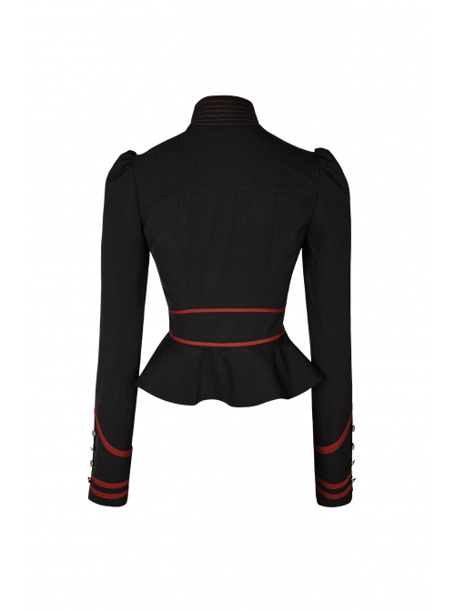 Punk Stand Collar Cross-Tie Neckline Design Hem Pleated Lotus Leaf Sexy Cropped Military Long Sleeve Shirt
