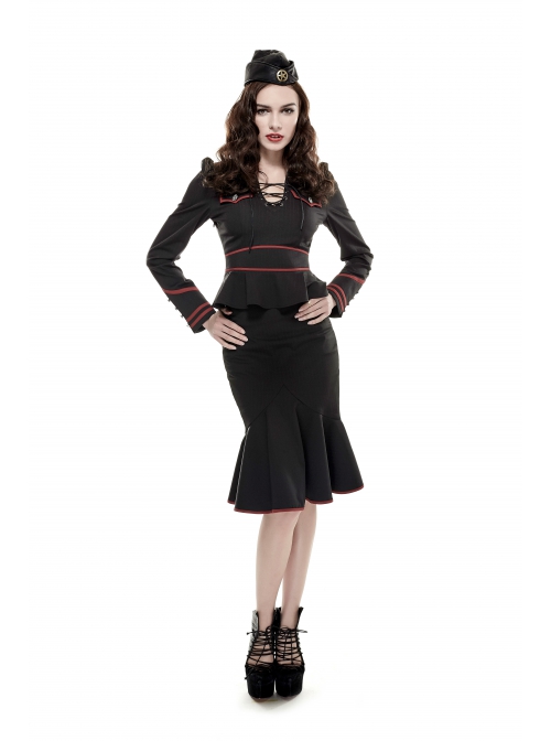 Punk Stand Collar Cross-Tie Neckline Design Hem Pleated Lotus Leaf Sexy Cropped Military Long Sleeve Shirt