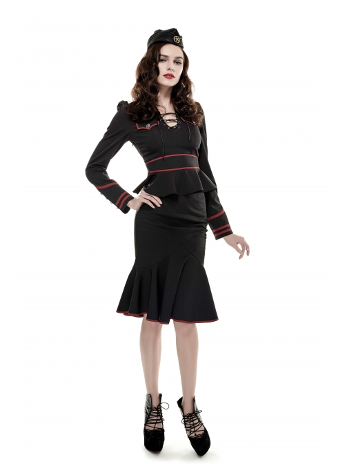 Punk Stand Collar Cross-Tie Neckline Design Hem Pleated Lotus Leaf Sexy Cropped Military Long Sleeve Shirt