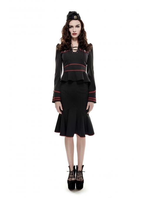 Punk Stand Collar Cross-Tie Neckline Design Hem Pleated Lotus Leaf Sexy Cropped Military Long Sleeve Shirt