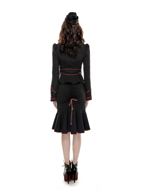 Punk Stand Collar Cross-Tie Neckline Design Hem Pleated Lotus Leaf Sexy Cropped Military Long Sleeve Shirt