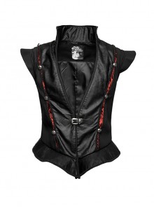 Gothic Pattern Leather Inlaid Red Fabric Metal Button Decoration Ruffled Hem Luxury Male Sleeveless Vest