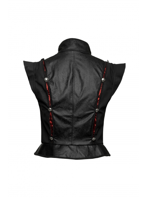 Gothic Pattern Leather Inlaid Red Fabric Metal Button Decoration Ruffled Hem Luxury Male Sleeveless Vest