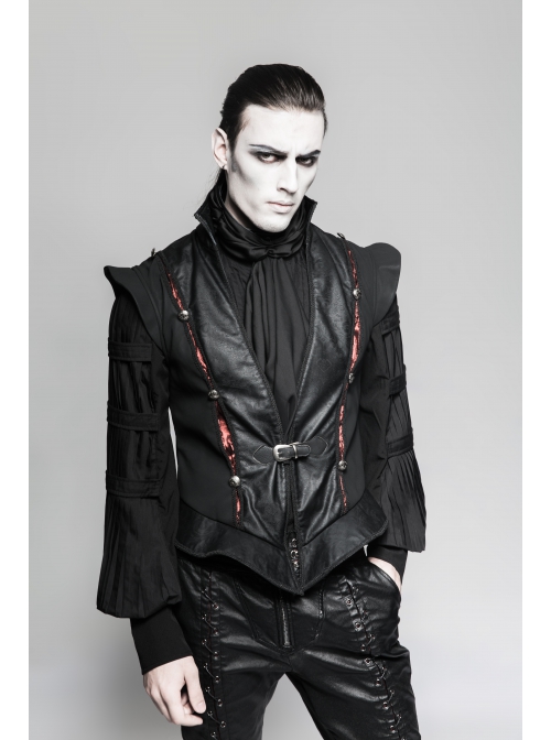 Gothic Pattern Leather Inlaid Red Fabric Metal Button Decoration Ruffled Hem Luxury Male Sleeveless Vest
