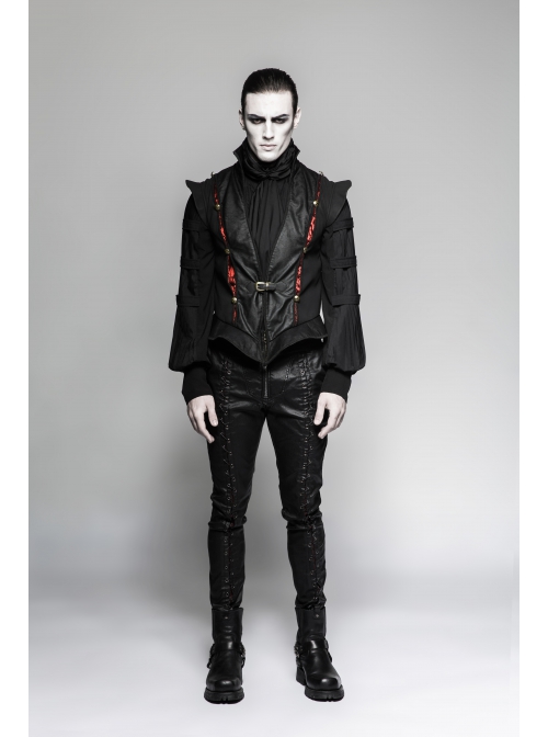 Gothic Pattern Leather Inlaid Red Fabric Metal Button Decoration Ruffled Hem Luxury Male Sleeveless Vest