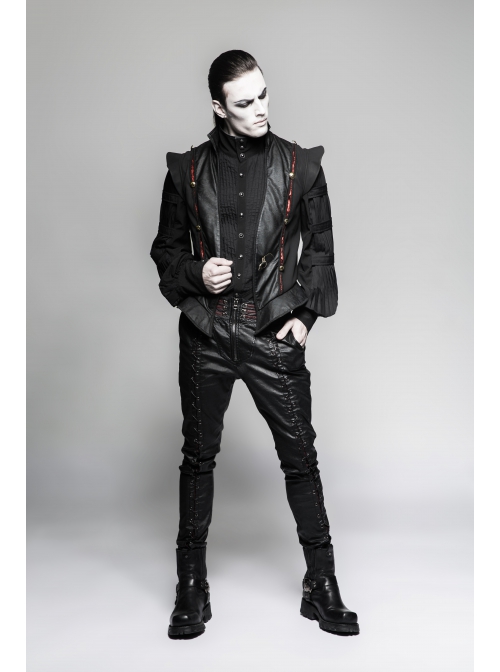 Gothic Pattern Leather Inlaid Red Fabric Metal Button Decoration Ruffled Hem Luxury Male Sleeveless Vest