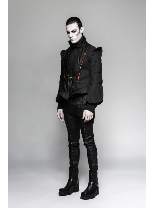 Gothic Pattern Leather Inlaid Red Fabric Metal Button Decoration Ruffled Hem Luxury Male Sleeveless Vest