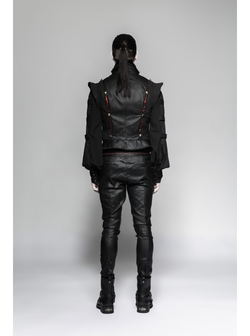 Gothic Pattern Leather Inlaid Red Fabric Metal Button Decoration Ruffled Hem Luxury Male Sleeveless Vest