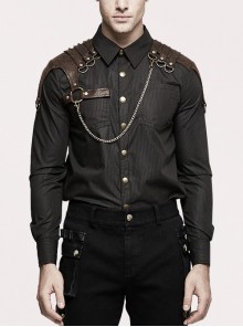 Punk Woven Black And White Stripes Leather Buckle Design  Metal Chain Decoration Long Sleeve Male Shirt