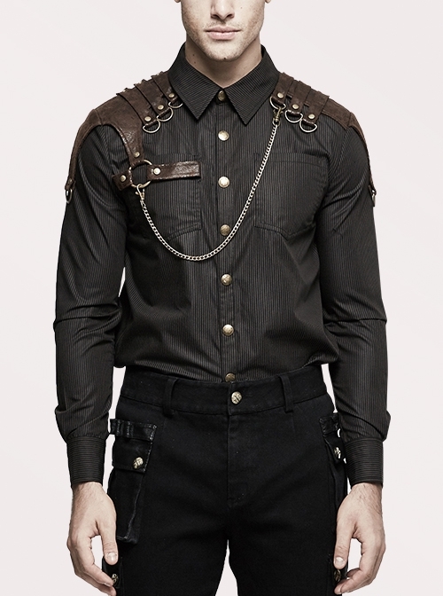Punk Woven Black And White Stripes Leather Buckle Design  Metal Chain Decoration Long Sleeve Male Shirt