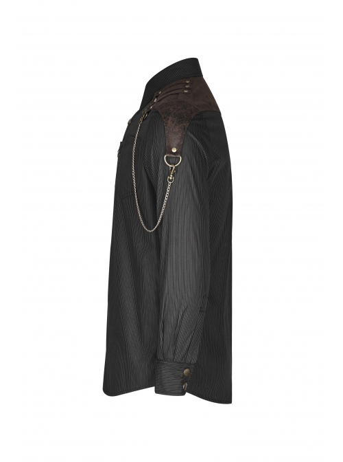 Punk Woven Black And White Stripes Leather Buckle Design  Metal Chain Decoration Long Sleeve Male Shirt