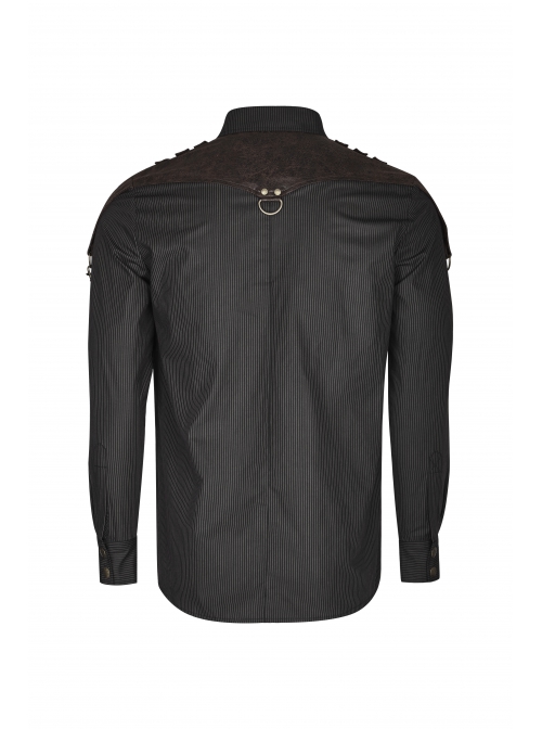 Punk Woven Black And White Stripes Leather Buckle Design  Metal Chain Decoration Long Sleeve Male Shirt