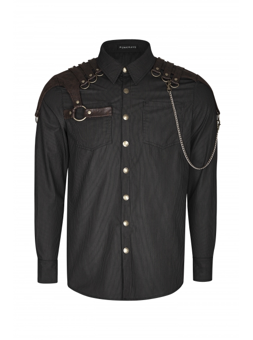 Punk Woven Black And White Stripes Leather Buckle Design  Metal Chain Decoration Long Sleeve Male Shirt