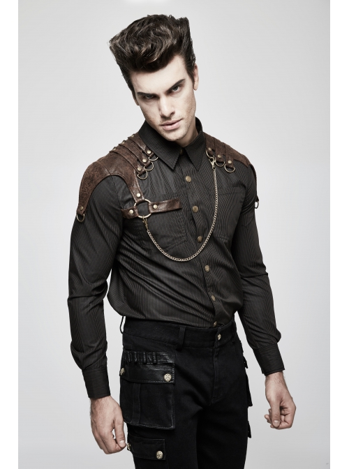 Punk Woven Black And White Stripes Leather Buckle Design  Metal Chain Decoration Long Sleeve Male Shirt