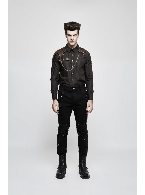 Punk Woven Black And White Stripes Leather Buckle Design  Metal Chain Decoration Long Sleeve Male Shirt