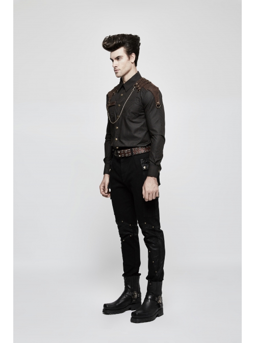 Punk Woven Black And White Stripes Leather Buckle Design  Metal Chain Decoration Long Sleeve Male Shirt