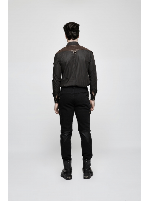 Punk Woven Black And White Stripes Leather Buckle Design  Metal Chain Decoration Long Sleeve Male Shirt