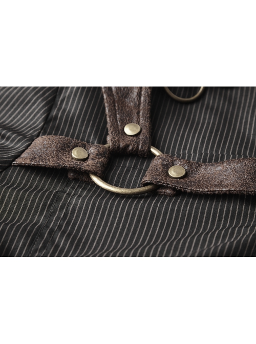 Punk Woven Black And White Stripes Leather Buckle Design  Metal Chain Decoration Long Sleeve Male Shirt
