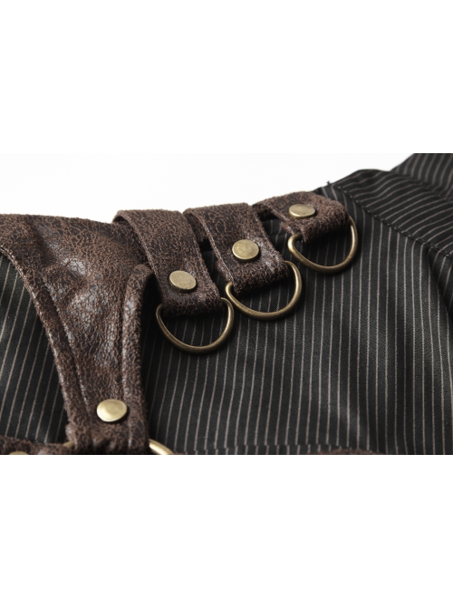 Punk Woven Black And White Stripes Leather Buckle Design  Metal Chain Decoration Long Sleeve Male Shirt