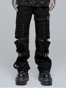 Punk Detachable Micro-Elasticity Loose Personality Metal Zipper Eyelet Trim Black Male Trousers